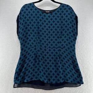 Cabi Blouse Size M Foulard Top Diamond Print Layered Peplum Slit Back Blue